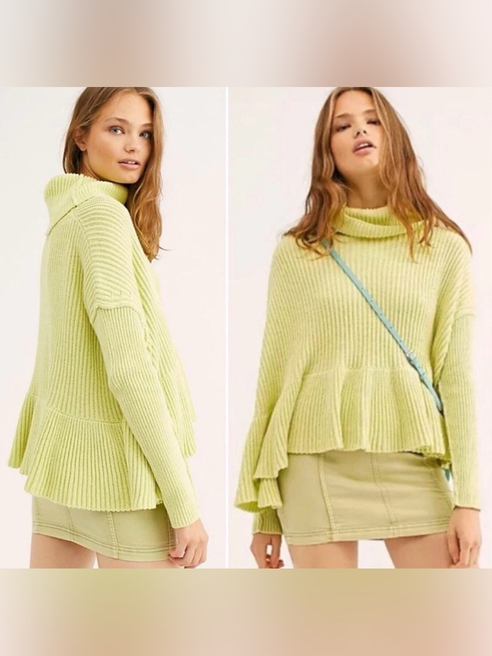 Free People Layer Cake Oversized Swing Turtleneck Chunky Knit Sweater Key Lime S